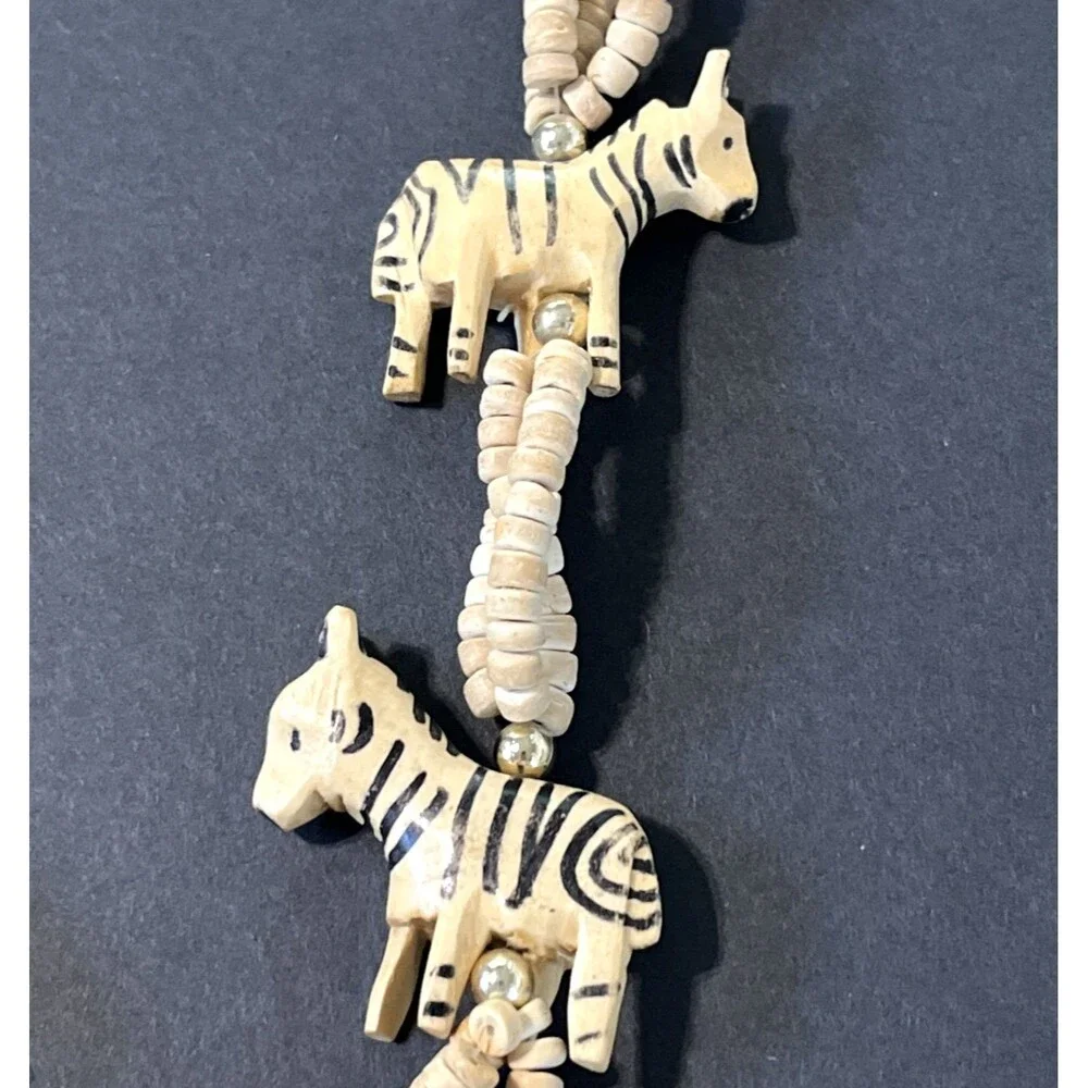 VTG Zebra Necklace Bovine Bone Hand-Carved Painted Safari Beaded Multi-Strand